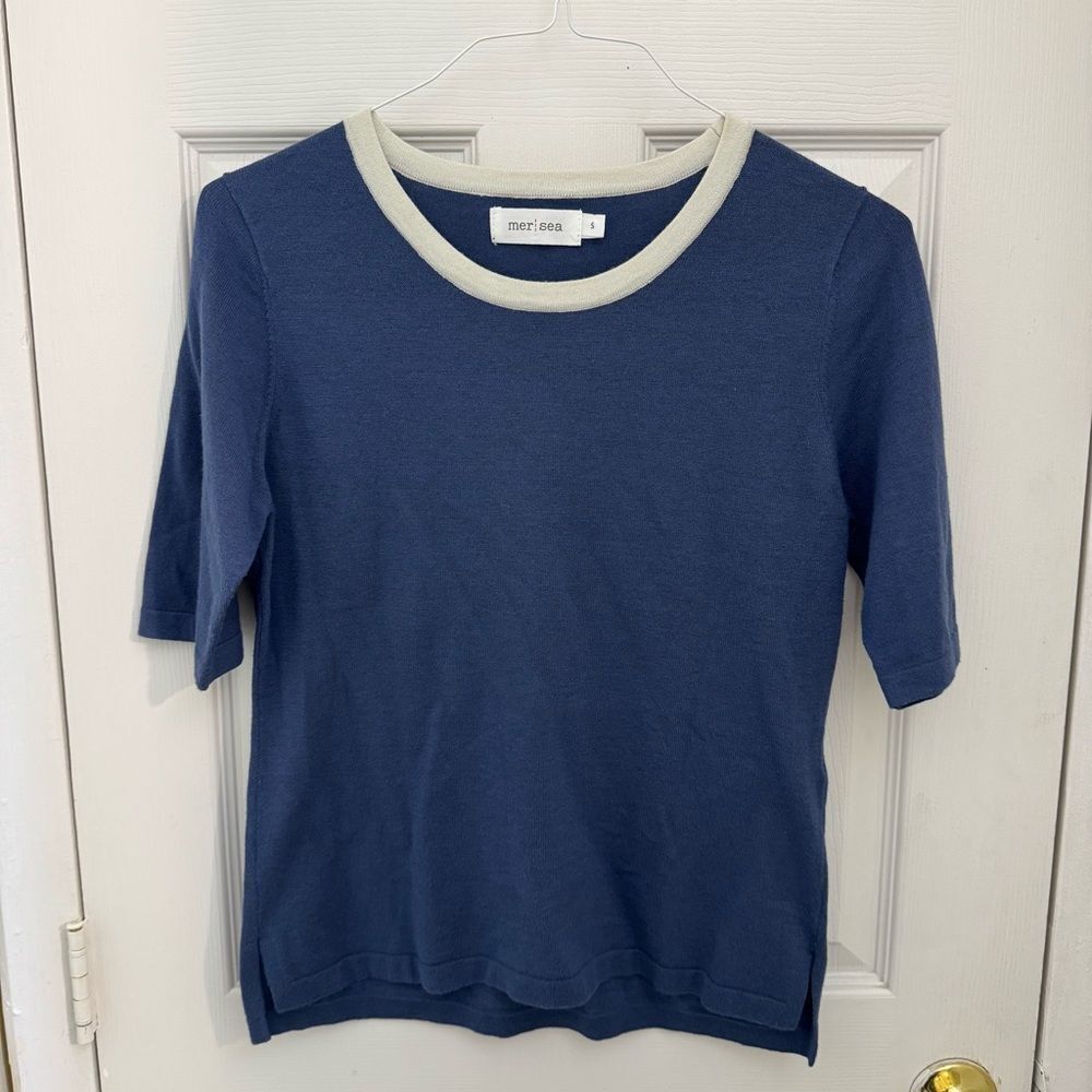 Mersea Women’s Short Sleeve Sweater Size Small Blue Crewneck Beachy